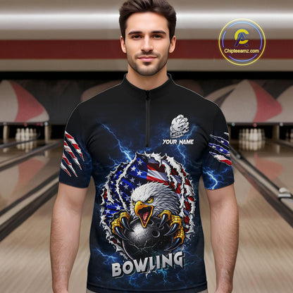 Blue Lightning Thunder US Flag Eagle Bowling Shirts For Men Custom Patriotic Bowling Team Jerseys NQS11749