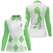 Load image into Gallery viewer, Womens golf polo shirt custom green and white argyle plaid golf top for ladies NQS5257