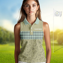Load image into Gallery viewer, Olive Green Golf Camo argyle pattern Women sleeveless golf polo shirts custom best ladies golf wear NQS9973