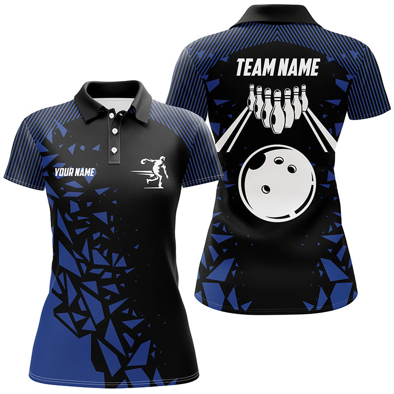 Black And Blue pattern Bowling Polo, 1/4 Quarter Zip Shirts For Women, Custom Name Bowling Team Jersey NQS7845