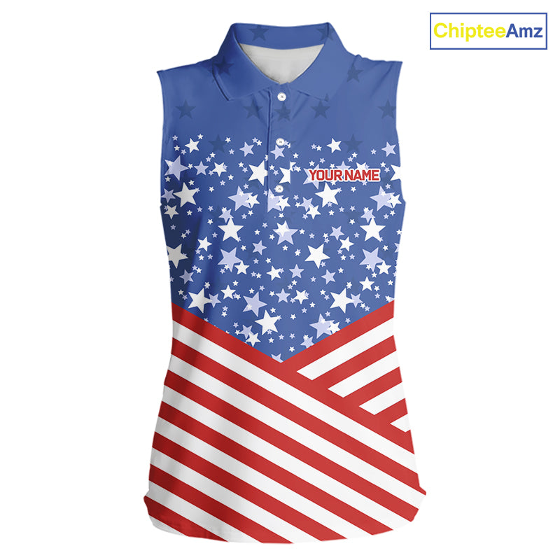Red, White and Blue  Women sleeveless polo shirt Custom American Flag patriotic ladies Golf attire NQS10137