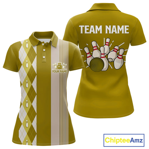 Retro Yellow argyle pattern Bowling shirts For Women custom bowling team jerseys Bowler Outfits NQS10277