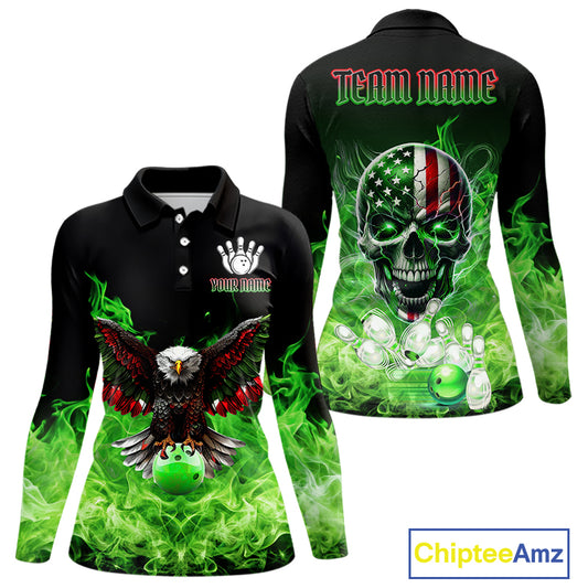 Green Flame Smoke American Flag Eagle Skull Women Bowling Shirts Custom Patriotic Bowling Team Jersey NQS10278