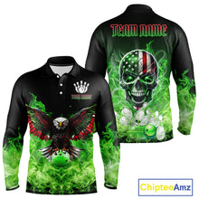 Load image into Gallery viewer, Green Flame Smoke American Flag Eagle Skull Mens Bowling Shirts Custom Patriotic Bowling Team Jersey NQS10278
