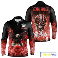 Load image into Gallery viewer, Red Flame Smoke American Flag Eagle Skull Mens Bowling Shirts Custom Patriotic Bowling Team Jersey NQS10279
