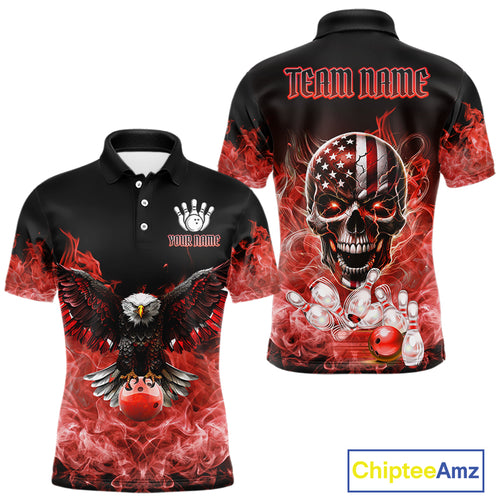 Red Flame Smoke American Flag Eagle Skull Mens Bowling Shirts Custom Patriotic Bowling Team Jersey NQS10279