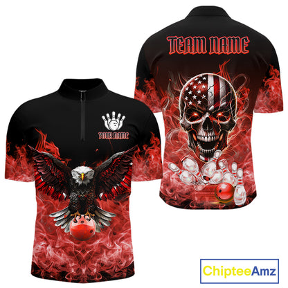Red Flame Smoke American Flag Eagle Skull Mens Bowling Shirts Custom Patriotic Bowling Team Jersey NQS10279