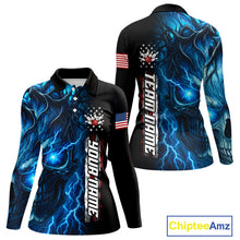 Load image into Gallery viewer, Custom Blue Lightning thunder Skull American Flag Patriotic Womens Bowling Shirts, Gift For Bowlers NQS10463
