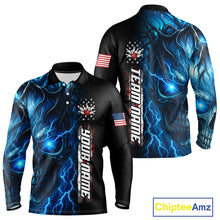Load image into Gallery viewer, Custom Blue Lightning thunder Skull American Flag Patriotic Mens Bowling Shirts, Gift For Bowlers NQS10463
