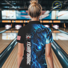 Load image into Gallery viewer, Custom Blue Lightning thunder Skull American Flag Patriotic Womens Bowling Shirts, Gift For Bowlers NQS10463
