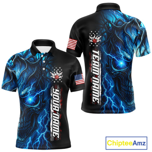 Custom Blue Lightning thunder Skull American Flag Patriotic Mens Bowling Shirts, Gift For Bowlers NQS10463