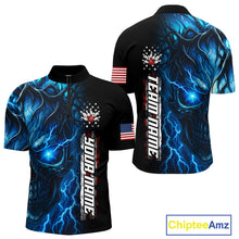 Load image into Gallery viewer, Custom Blue Lightning thunder Skull American Flag Patriotic Mens Bowling Shirts, Gift For Bowlers NQS10463