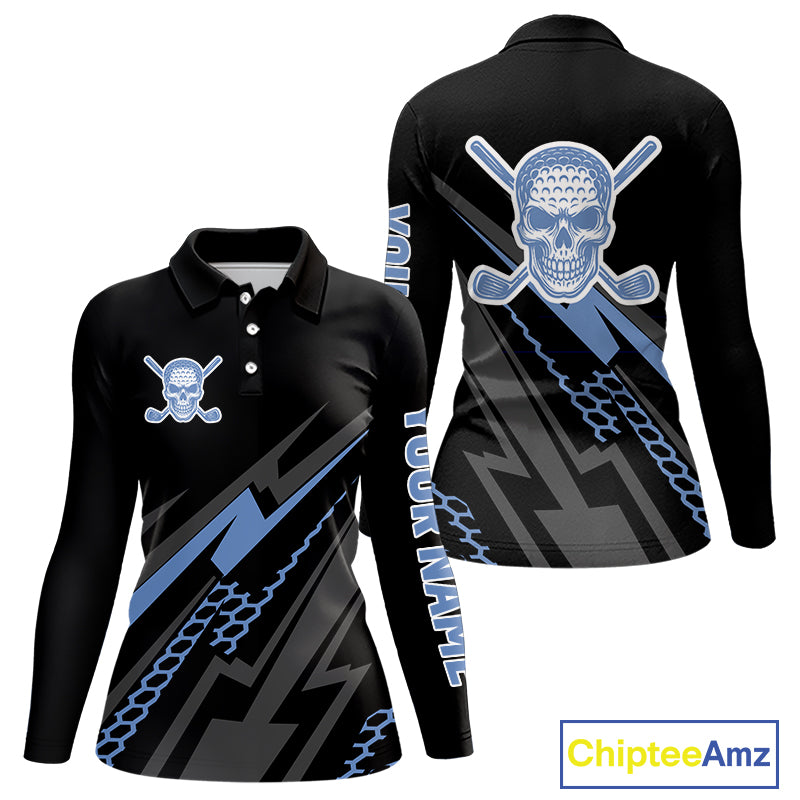 Black and Blue Skull Golf polo shirts For Women Custom Ladies golf tops, Personalized golf gifts NQS10467