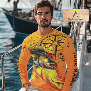 Custom Walleye Compass Long Sleeve Fishing Shirts, Personalized Walleye Fishing Jersey | Orange NQS10468