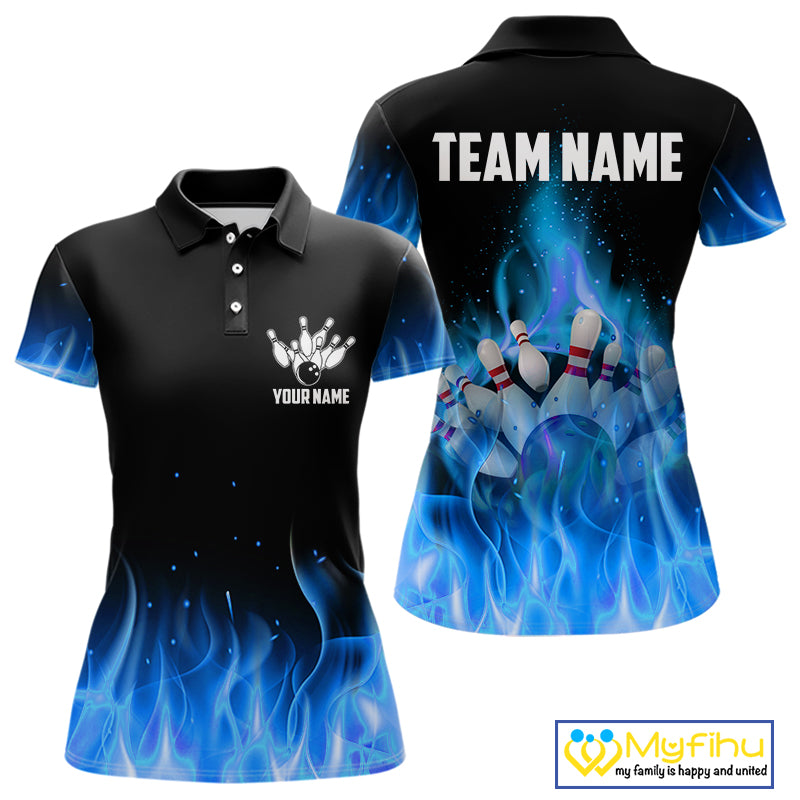Personalized Women Bowling Shirt Blue flame Bowling Ball Pins Team bowling jerseys for ladies Bowler NQS10471