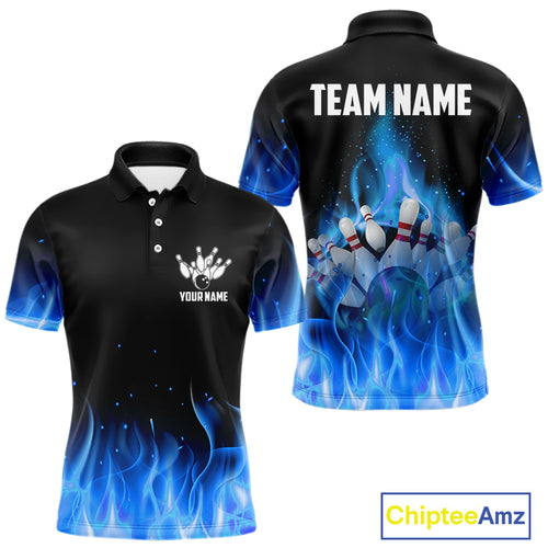 Personalized Mens Bowling Shirt Blue flame Bowling Ball and Pins Team bowling jerseys for men Bowler NQS10471