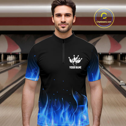 Personalized Mens Bowling Shirt Blue flame Bowling Ball and Pins Team bowling jerseys for men Bowler NQS10471