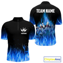 Load image into Gallery viewer, Personalized Mens Bowling Shirt Blue flame Bowling Ball and Pins Team bowling jerseys for men Bowler NQS10471