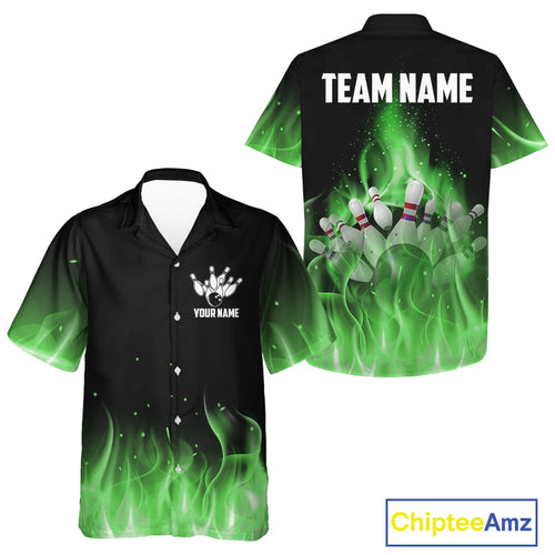 Personalized Hawaiian Bowling Shirt Green flame Bowling Ball Pins Team bowling jerseys for Bowler NQS10472