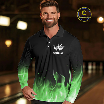Personalized Mens Bowling Shirt Green flame Bowling Ball and Pins Team bowling jerseys for men Bowler NQS10472