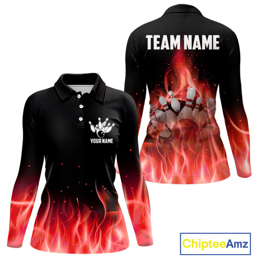 Personalized Women Bowling Shirt Red flame Bowling Ball Pins Team bowling jerseys for ladies Bowler NQS10473