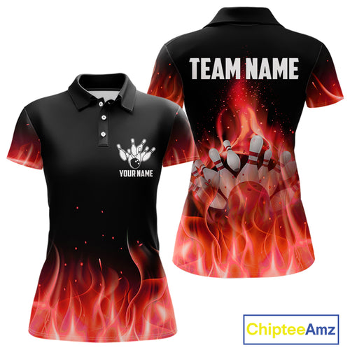 Personalized Women Bowling Shirt Red flame Bowling Ball Pins Team bowling jerseys for ladies Bowler NQS10473