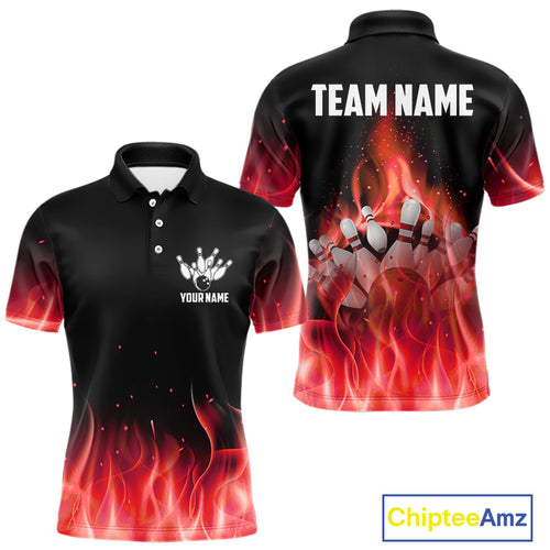 Personalized Mens Bowling Shirt Red flame Bowling Ball and Pins Team bowling jerseys for men Bowler NQS10473
