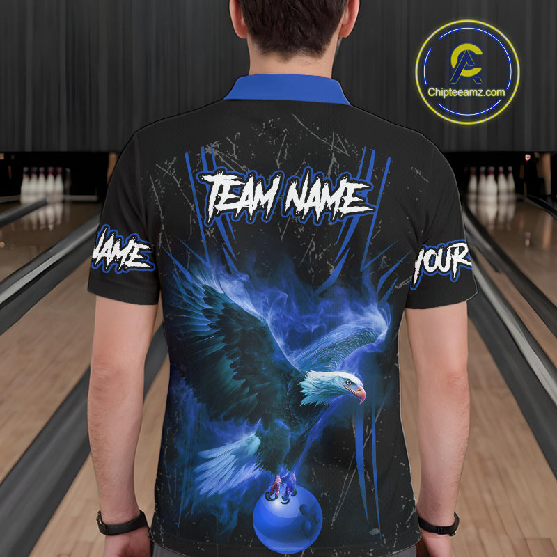 Black and Blue Flame Eagle Bowling Shirt For Men Custom Team Name Bowling Jerseys For Bowlers NQS10673