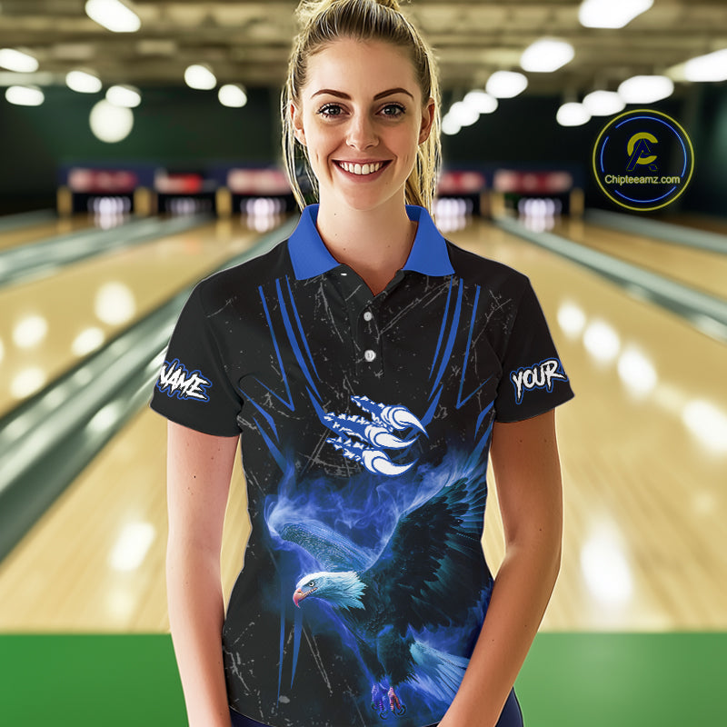 Black and Blue Flame Eagle Bowling Shirt For Women Custom Team Name Bowling Jerseys For Bowlers NQS10673