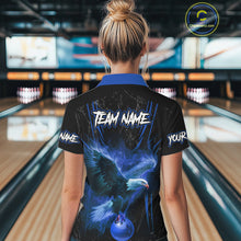 Load image into Gallery viewer, Black and Blue Flame Eagle Bowling Shirt For Women Custom Team Name Bowling Jerseys For Bowlers NQS10673