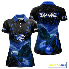 Load image into Gallery viewer, Black and Blue Flame Eagle Bowling Shirt For Women Custom Team Name Bowling Jerseys For Bowlers NQS10673