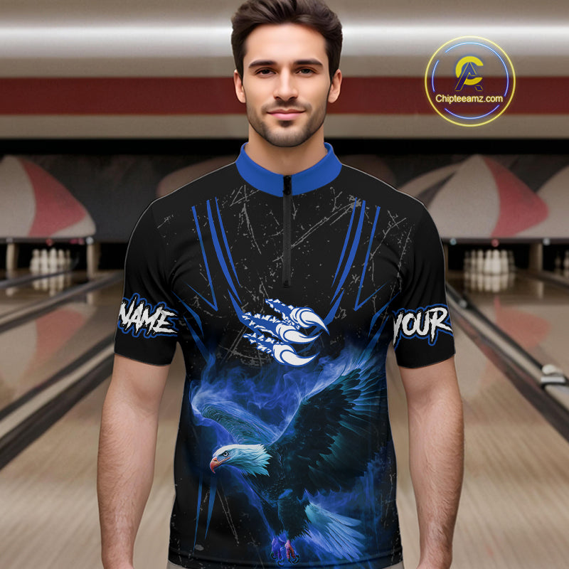 Black and Blue Flame Eagle Bowling Shirt For Men Custom Team Name Bowling Jerseys For Bowlers NQS10673