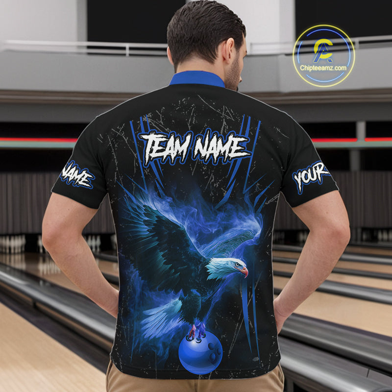 Black and Blue Flame Eagle Bowling Shirt For Men Custom Team Name Bowling Jerseys For Bowlers NQS10673