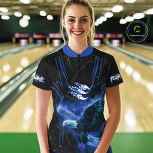 Load image into Gallery viewer, Black and Blue Flame Eagle Bowling Shirt For Women Custom Team Name Bowling Jerseys For Bowlers NQS10673