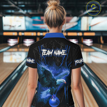 Load image into Gallery viewer, Black and Blue Flame Eagle Bowling Shirt For Women Custom Team Name Bowling Jerseys For Bowlers NQS10673