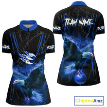 Load image into Gallery viewer, Black and Blue Flame Eagle Bowling Shirt For Women Custom Team Name Bowling Jerseys For Bowlers NQS10673