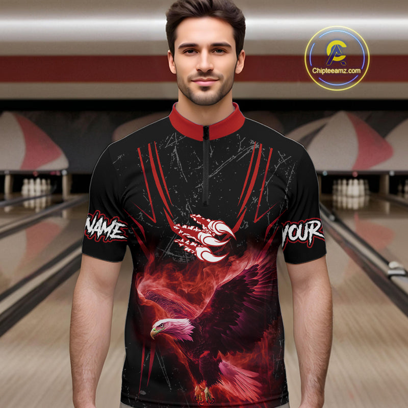 Black and Red Flame Eagle Bowling Shirt For Men Custom Team Name Bowling Jerseys For Bowlers NQS10674