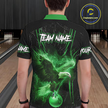 Load image into Gallery viewer, Black and Green Flame Eagle Bowling Shirt For Men Custom Team Name Bowling Jerseys For Bowlers NQS10675