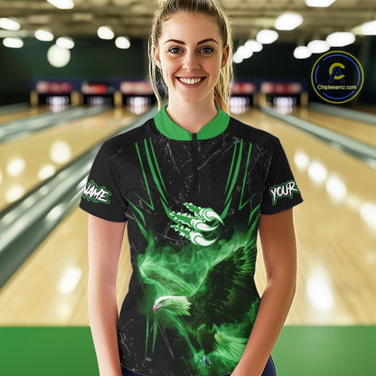 Black and Green Flame Eagle Bowling Shirt For Women Custom Team Name Bowling Jerseys For Bowlers NQS10675