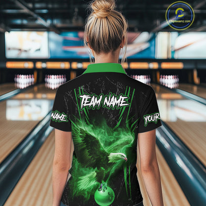 Black and Green Flame Eagle Bowling Shirt For Women Custom Team Name Bowling Jerseys For Bowlers NQS10675