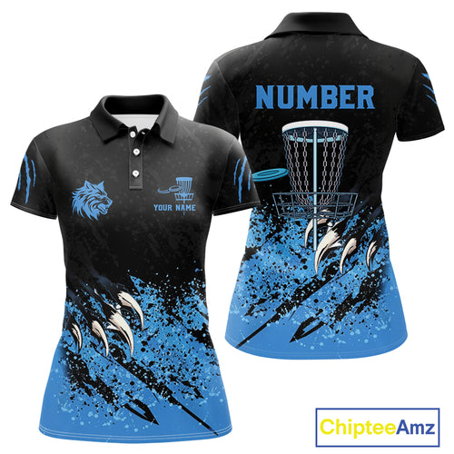Blue Camo Wolf Disc golf polo shirts for Women Custom Team Disc Golf top, Disc Golf Gifts NQS10678