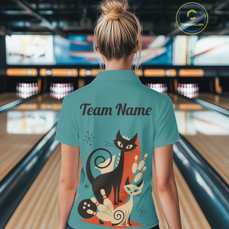 Custom retro bowling shirts Cats Bowling jersey for Women Team Bowling Polo, 1/4 Zip Shirts | Blue NQS11072