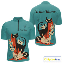Load image into Gallery viewer, Custom retro bowling shirts Cat Bowling jersey for men Team Bowling Polo, 1/4 Zip Shirts | Blue NQS11072