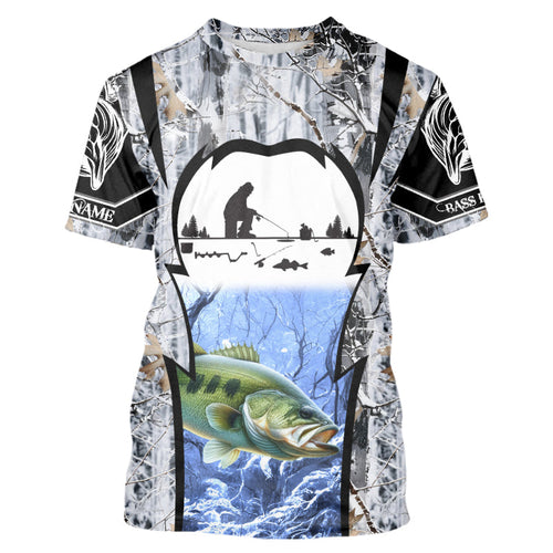 Largemouth Bass ice fishing Winter camo custom Long sleeve fishing shirts, Ice fishing Bass jersey NQS9194