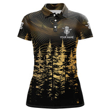 Load image into Gallery viewer, Black and Gold Forest Women Disc golf polo shirt custom disc golf apparel, best gifts for disc golfers NQS9199