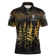 Load image into Gallery viewer, Black and Gold Forest Mens disc golf polo shirts custom disc golf apparel, best gifts for disc golfers NQS9199