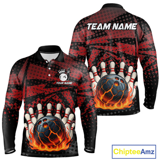 Black and Red pattern Flame Bowling Polo, 1/4 zip shirts For Men Custom Team Bowling Jerseys NQS11277