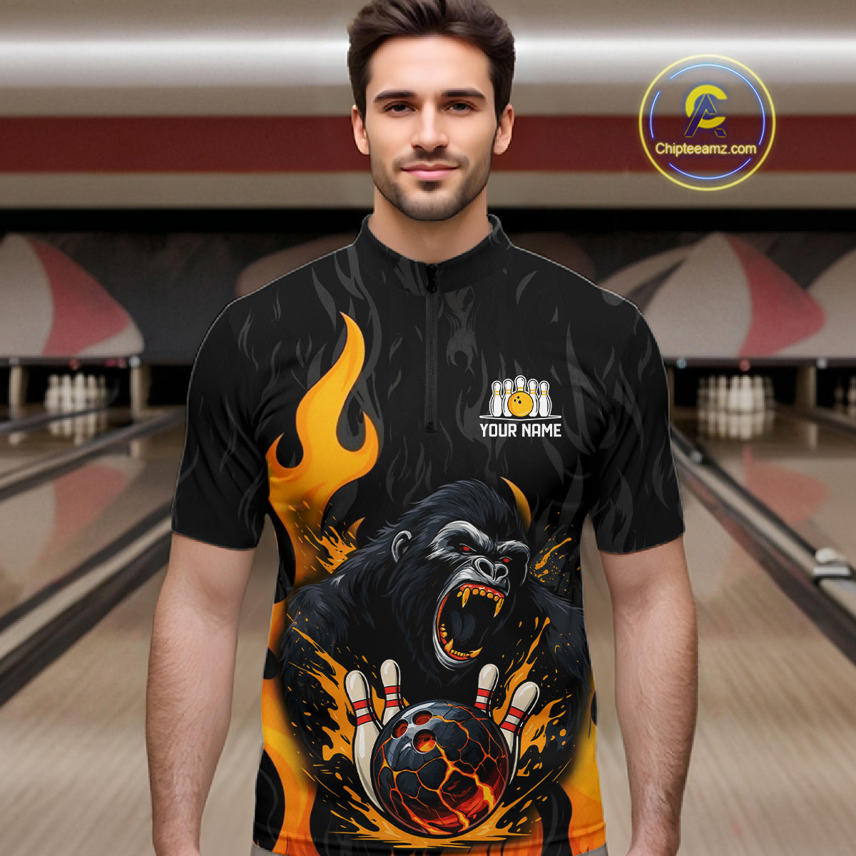 Black and Orange Flame Gorilla Bowling shirts For Men Custom Gorilla Team Bowling Jerseys NQS11279