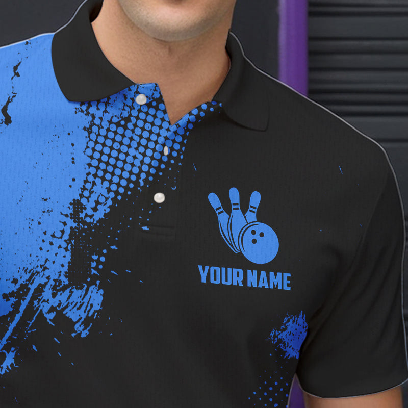 Black and Blue Retro Mens Bowling Polo, Quarter Zip shirts Custom team bowling jerseys mens outfit NQS9393