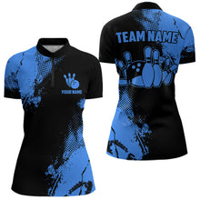 Load image into Gallery viewer, Black and Blue Retro Women Bowling Polo, Quarter Zip shirts Custom team bowling jerseys ladies outfit NQS9393